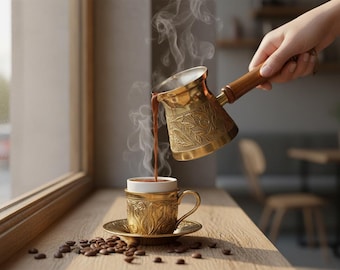 Handmade Brass Turkish Coffee Pot – Wooden Handle, Authentic Design