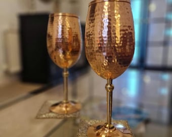 Handmade Pure Copper Wine Glasses (set of 2), 7th Wedding Anniversary Gift, Valentine&#39;s gift.