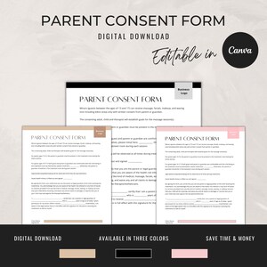 Formulaire de consentement des parents | Formulaires de consentement de l'esthéticienne | Téléchargement numérique | Modèles de toile d'esthéticienne