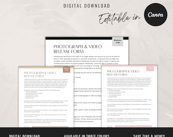 Photograph & Video Release Form | Esthetician Consent Forms | Digital Download | Esthetician Templates | Business Marketing