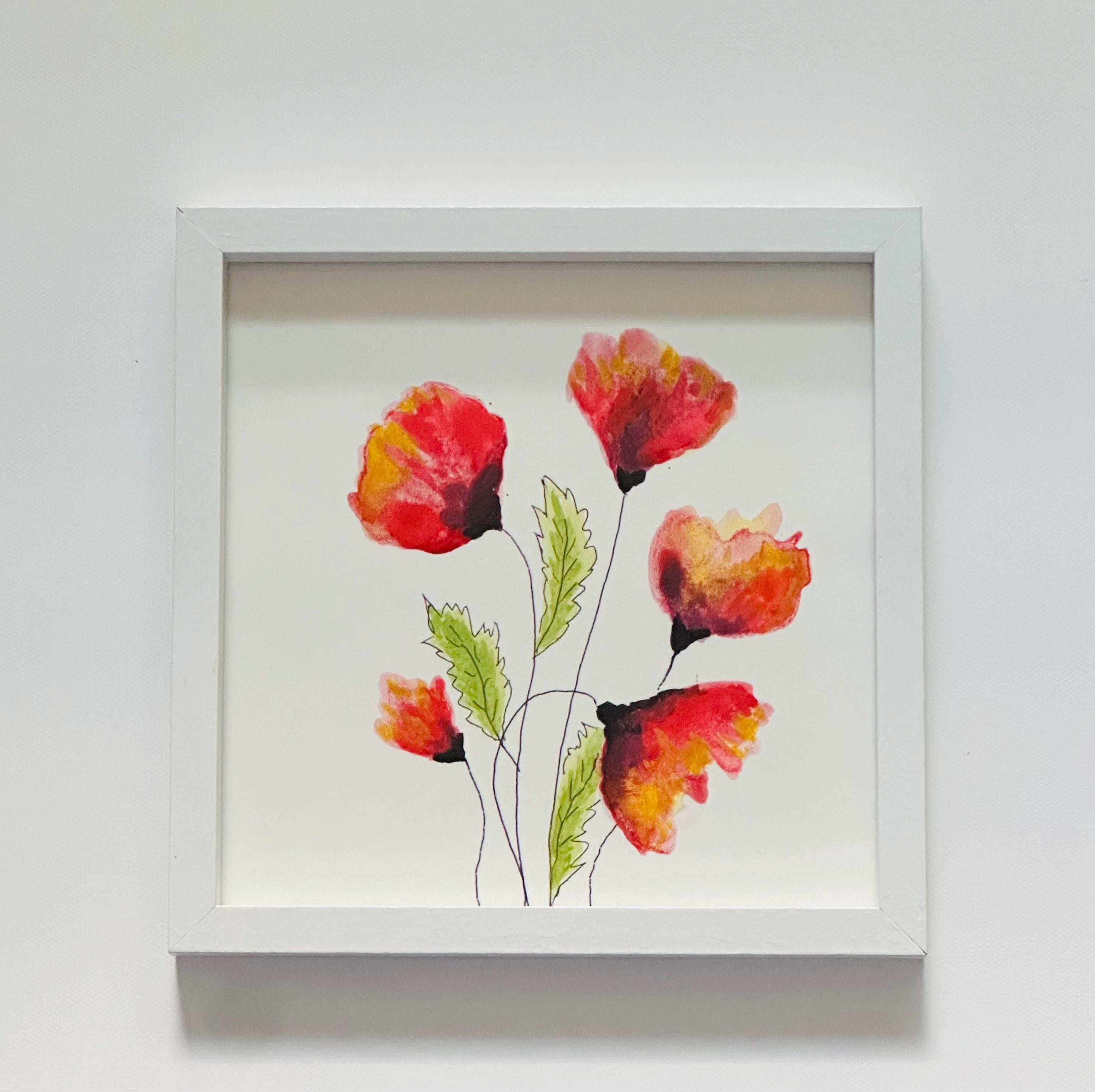 オリジナルの水彩画の花の絵画。白いフレーム付き。7x7インチ - Etsy 日本