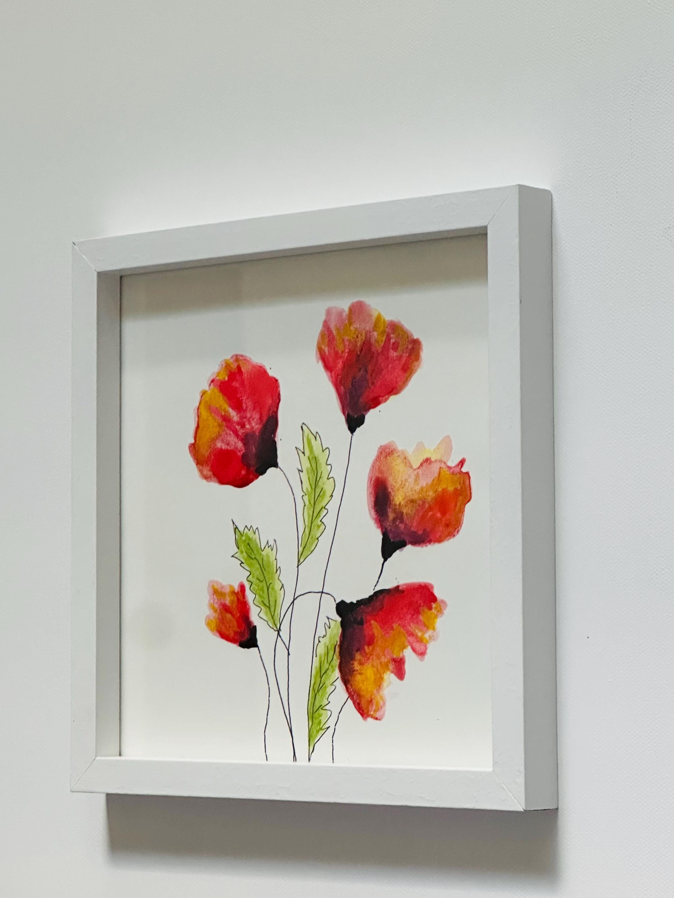 オリジナルの水彩画の花の絵画。白いフレーム付き。7x7インチ - Etsy 日本