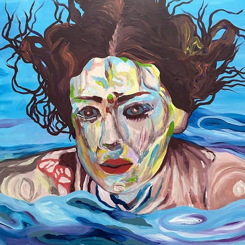 オリジナルの水彩画、花の抽象画。ホワイト/ゴールドのフレーム付き