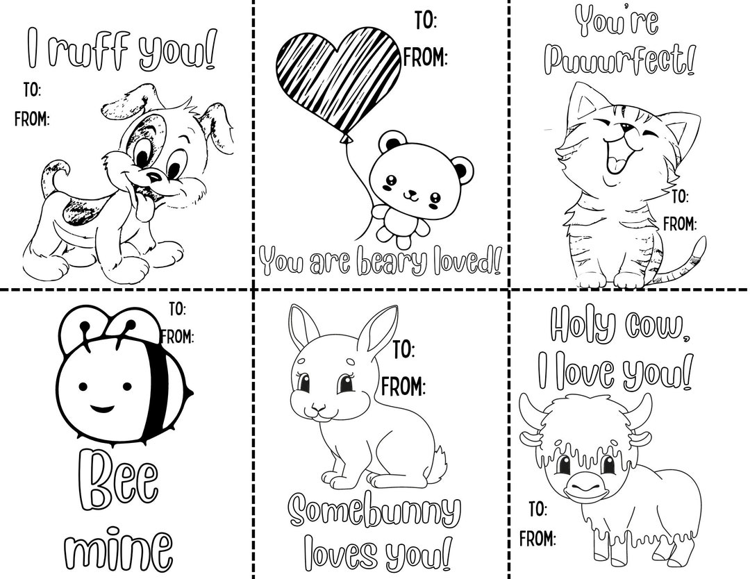 Printable Coloring Valentines Day Cards Animals Etsy
