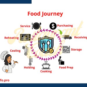 May include: An infographic titled "Food Journey" illustrates the steps in food preparation, from purchasing to service. The image includes icons for each stage, such as reheating, cooling, and cooking, with a chef illustration and the website foodinfo.pro.