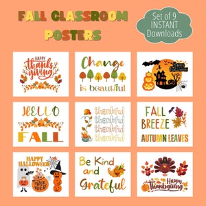 Conjunto de 9 carteles imprimibles de otoño ~ Otoño ~ Acción de Gracias ~ Halloween ~ Aula ~ Escuela en casa ~ Descarga digital de impresiones