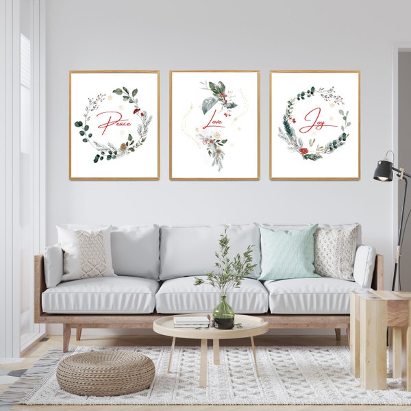 Christmas Prints 3 Piece Wall Art, Christmas Downloadable Prints, Christmas Printable, Christmas Decor, Peace Love Joy, Botanical