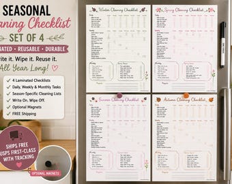 Laminated Seasonal Cleaning Checklist Set | Reusable Dry Erase Home Organizer (4-Page)