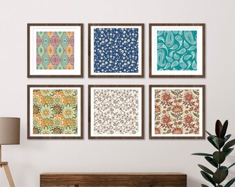 Colorido arte floral indio, Conjunto de 6, Decoración de sala de estar, Conjunto de pared de galería, Pintura india, Arte de pared Boho imprimible, Arte de pared sobre la cama