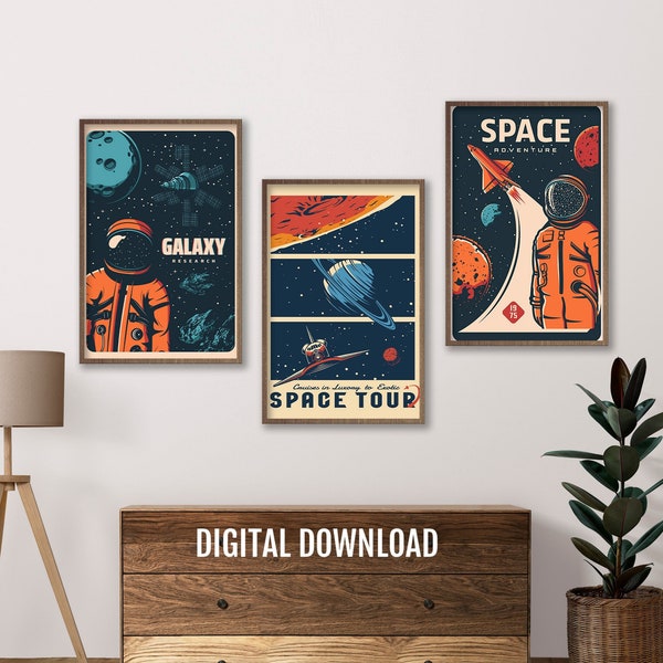 Set of 3 Space posters, Space wall art, NASA wall art, rocket wall decor, space decor for kids, Astronaut poster, educational space wall art