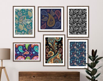 Estampados de Paisley, Arte floral indio colorido, Conjunto de 6, Decoración de sala de estar, Estampados textiles, Arte de pared Boho imprimible, Arte de pared sobre la cama