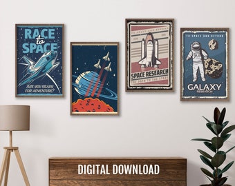 Set di 4 poster spaziali Arte della parete spaziale, arte della parete della NASA, decorazione della parete del razzo, decorazione spaziale per bambini, arte della parete spaziale educativa sui pianeti UFO Alieni