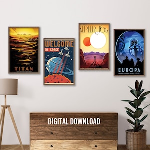Gift Set of 4 Space posters for teenager, Space wall art, rocket wall decor, space decor for kids, Europa, Titan, Educational space wall art
