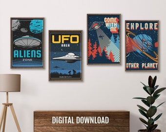 Set di 4 poster spaziali Arte della parete spaziale, arte della parete della NASA, decorazione della parete del razzo, decorazione spaziale per bambini, arte della parete spaziale educativa sui pianeti UFO Alieni