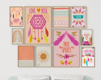 Conjunto de 10 arte de pared rosa, decoración de habitación femenina, regalo único para ella, estampados rosas, estampados Boho para ella, regalo de San Valentín para ella