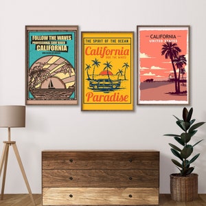 Kalifornien Wandkunst, 3er Set Kalifornien Retro Poster, Kalifornien Reisedruck, Vintage Kalifornien Reise Wand Kunstdruck, Reiseplakat Set