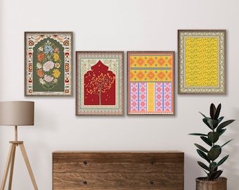 Conjunto de 4 coloridos arte floral indio, decoración de la sala de estar, impresiones de arte mogol, conjunto de pared de la galería, pintura india, arte de pared Boho imprimible