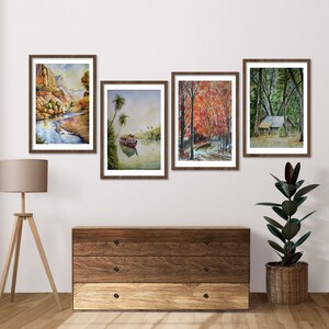 Ensemble de 4 affiches indiennes aquarelles, estampes indiennes colorées, décoration de salon, ensemble mural de galerie, estampes de paysages, impression d'art mural de voyage