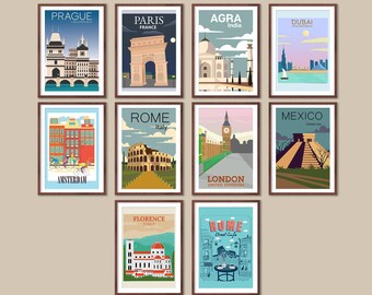Carteles de viajes retro internacionales, Conjunto de 10 carteles de viajes, Carteles de viajes vintage, impresiones de viajes, impresión de arte de pared de viajes, conjunto de carteles de viajes