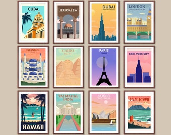 Retro International travel posters, Set of 12 travel posters, Vintage travel posters, travel prints travel wall art print, travel poster set