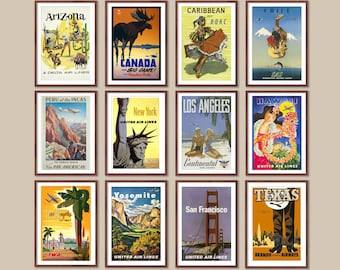 Vintage airline posters, Set of 21 airline posters, Vintage travel posters, united airlines poster, travel wall art print, travel poster set