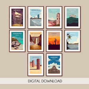 Mexico travel posters, Set of 10 retro posters, Vintage travel posters, Mexico travel prints,  travel wall art print, travel poster set