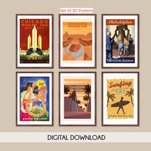 Carteles de viaje vintage, Conjunto de 20 carteles de viaje, carteles de viaje de América, arte retro de la pared de la ciudad, impresión de arte de pared de viaje, conjunto de carteles de viaje