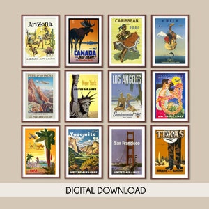 Carteles de aerolíneas vintage, Conjunto de 21 carteles de aerolíneas, Carteles de viajes vintage, Cartel de United Airlines, Impresión de arte de pared de viajes, Conjunto de carteles de viajes
