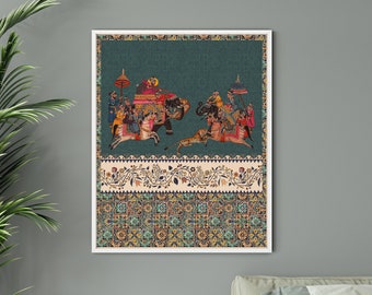 May include: A framed print of a vintage illustration depicting two elephants with riders in a procession. The elephants are adorned with colorful decorations and the riders are wearing elaborate costumes. The background is a teal blue with a decorative border.