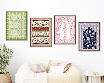 Conjunto de 4 coloridos arte floral indio, decoración de la sala de estar, impresiones de arte mogol, conjunto de pared de la galería, pintura india, arte de pared Boho imprimible