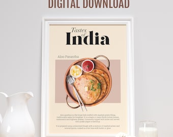 May include: A digital download printable poster with a photo of aloo parantha, a flat bread dish stuffed with mashed potato filling, served on a wooden plate. The poster has a brown background with the text "Tastes of India" and "Aloo Parantha" in black text.