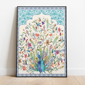 Indian folk art, Indian Mughal garden, Pichwai painting, Living room decor, Indian painting, Indian vintage boho wall art, Indian poster
