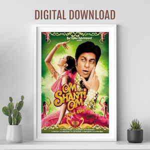Op de afbeelding: Een filmposter voor de Bollywood-film "Om Shanti Om" met Shah Rukh Khan en Deepika Padukone. De poster heeft een levendig groen en roze kleurenschema met een retro-esthetiek. De titel van de film is geschreven in een gestileerd lettertype met een gouden omtrek.