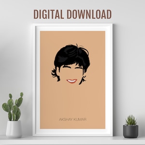 May include: A digital download of a printable poster featuring a minimalist illustration of Akshay Kumar, an Indian actor, with a black and white color scheme. The poster has a peach background and the text "AKSHAY KUMAR" at the bottom.