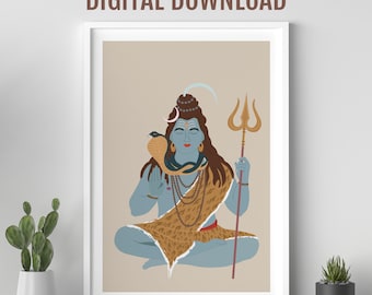Peut inclure: Téléchargement numérique d'une illustration colorée de Shiva, une divinité hindoue, assis en position méditative avec un serpent autour du cou et tenant un trident. Il porte une peau de tigre et un collier de perles.