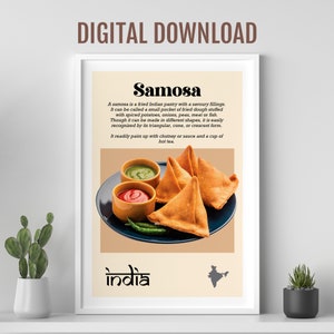 Cartel de comida Samosa, arte de comida india Desi, arte de comida asiática, cartel colorido de comida india, arte de pared Desi, arte de pared de cocina, decoración de restaurante