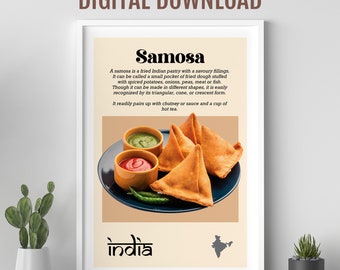 Samosa food poster, Desi Indian food art, Asian food art, Colourful Indian food poster, Desi wall art, Kitchen wall art, Restaurant decor
