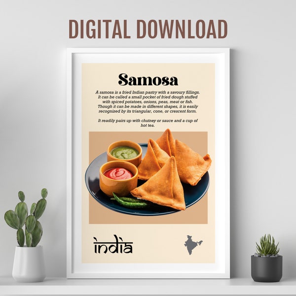 Samosa food poster, Desi Indian food art, Asian food art, Colourful Indian food poster, Desi wall art, Kitchen wall art, Restaurant decor