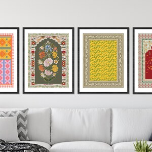 Set of 4 Colourful Indian floral art, Living room decor, Mughal art prints, Gallery wall set, Indian painting, Boho wall art printable image 3