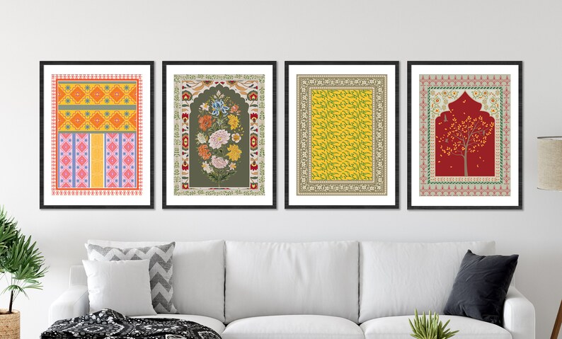 Set of 4 Colourful Indian floral art, Living room decor, Mughal art prints, Gallery wall set, Indian painting, Boho wall art printable image 3
