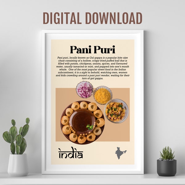 Pain puri poster, Desi Indian gol gappa food art, Asian food art, Colourful Indian food poster, Desi wall art, Restaurant Kitchen wall art