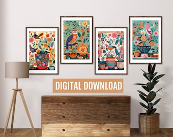 Colourful Indian floral art, Set of 4, Living room decor, Gallery wall set, Indian painting, Poster bundle, Boho wall art printable