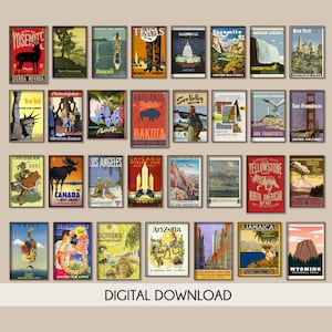 Retro-Stil Reiseposter, 30er Set Reiseposter, Amerika Reiseposter, Retro Stadt Wandkunst, Reise Wand Kunst Druck, Reiseposter Set