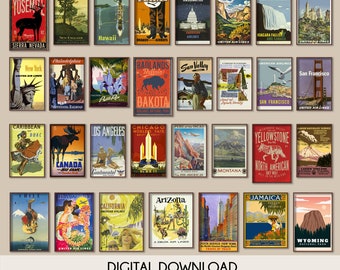 Retro style travel posters, Set of 30 travel posters, America travel posters, retro city wall art, travel wall art print, travel poster set