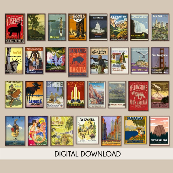 Retro style travel posters, Set of 30 travel posters, America travel posters, retro city wall art, travel wall art print, travel poster set