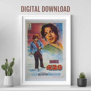 Cartel de la película Shree 420, arte de Desi Wall, cartel de la película de Bollywood, cartel retro de Bollywood cartel de la película india, película de Raj Kapoor, Nargis