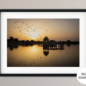 Birds flying at Gadisar lake, Jaisalmer Rajasthan travel poster, India photo, retro Indian city poster, India travel poster,