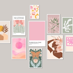 Set Of 10 Pink wall art, girly room decor, unique gift for her, pink prints, Gallery wall set, Gallery wall collage, Valentine gift for her