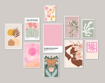 Set Of 10 Pink wall art, girly room decor, unique gift for her, pink prints, Gallery wall set, Gallery wall collage, Valentine gift for her