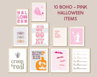 Pink Halloween decor, Set of 10 halloween prints, pink Halloween, pastel halloween decor, spooky decor, cute halloween, halloween printable